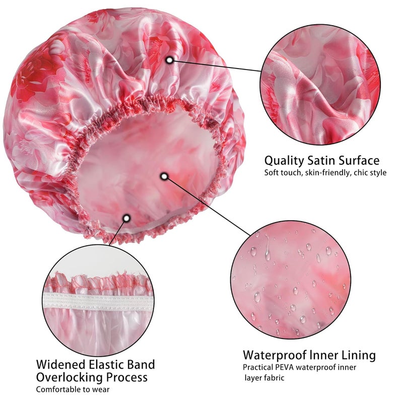 CHFONG 4 PCS Shower Caps for Women, Printing Bath Caps, Double Layers Shower Cap Reusable Waterproof, Bathing Shower Caps, Environmental Protection Hair Bath Hat - Flower - Image 5